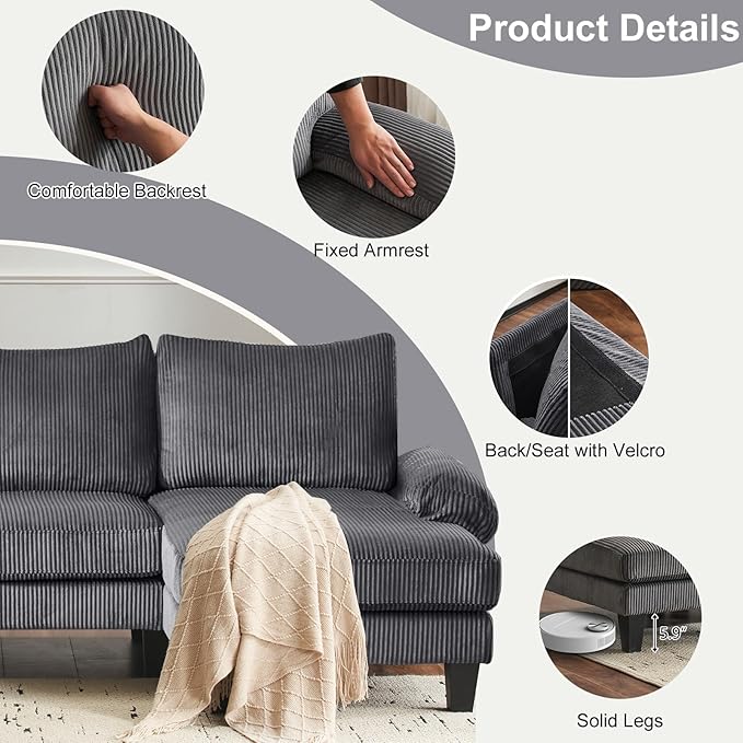 Karl home U-Shape Sectional Sofa Couch 111 Modern 4-Seat Sofa with Chaises Corduroy Fabric Upholstered Covertible Couch with Wood Grain Legs for Living Room Reception Room Apartment Dark Gray