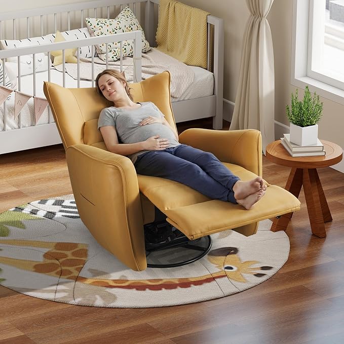 Bonzy Home 270° Swivel Power Recliner Chair 30° Rocking Chair with Lumber Cushion and Highly Enveloping Backrest Electric Reclining Home Theater Seat for Nursery Bedroom Living Room Orange