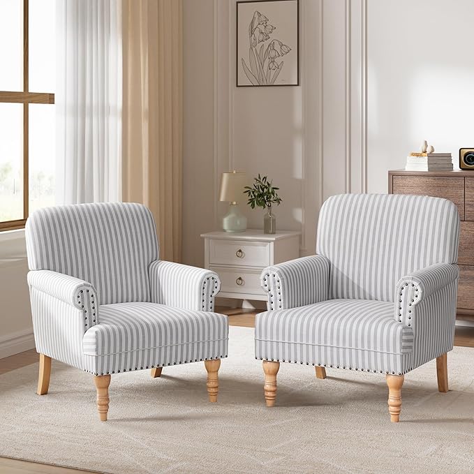 HUIMO Linen Fabric Accent Chairs Set of 2 Mid-Century Modern Armchair with Solid Wood Legs Single Sofa ChairUpholstered Reading Club Chair (2 Light Grey and White Stripe)