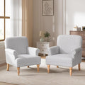 HUIMO Linen Fabric Accent Chairs Set of 2 Mid-Century Modern Armchair with Solid Wood Legs Single Sofa ChairUpholstered Reading Club Chair (2 Light Grey and White Stripe)