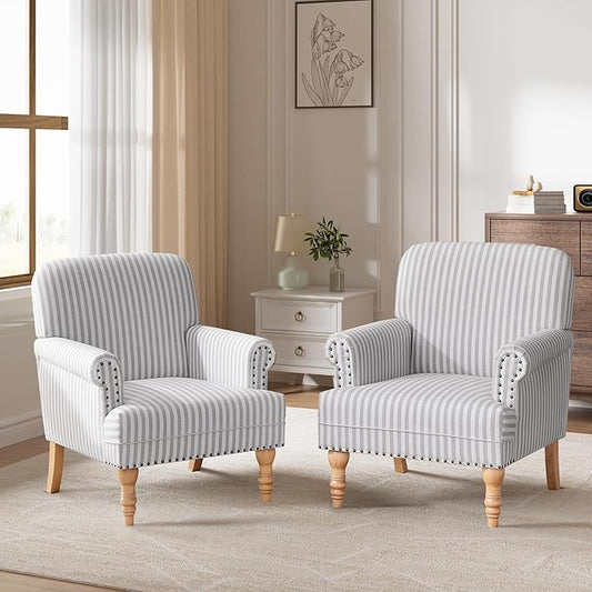 HUIMO Linen Fabric Accent Chairs Set of 2 Mid-Century Modern Armchair with Solid Wood Legs Single Sofa ChairUpholstered Reading Club Chair (2 Light Grey and White Stripe)