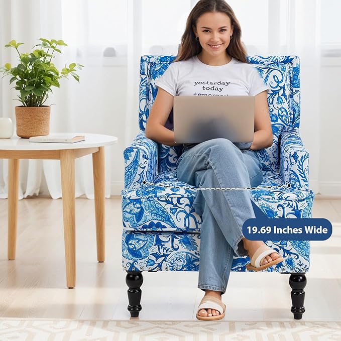 Rovibek Midcentury Modern Accent Chair - High Back Living Room Chairs Upholstered Armchair with Solid Legs Blue and White Porcelain Printed Accent Chairs for Bedroom Living Room Balcony