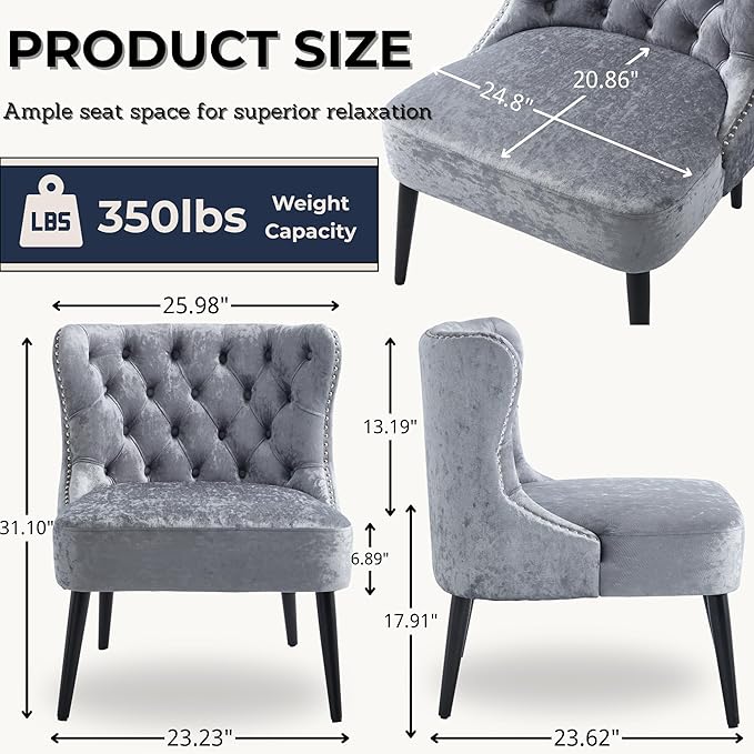 Armless Accent Chair Upholstered Velvet Button Tufted Living Room Chair with Wingback &amp Wood Legs Modern Comfy Slipper Chair for Apartment Waiting Room Bedroom Office Grey