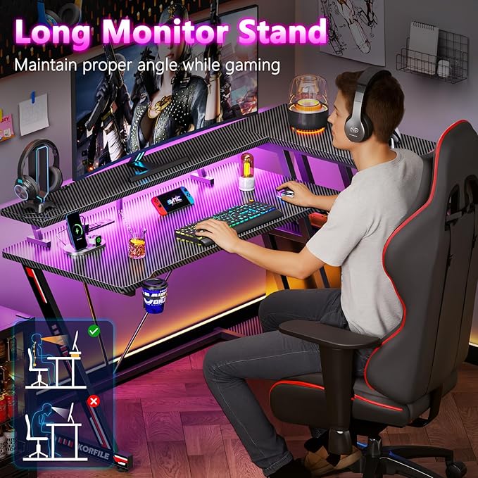 55 Inch Gaming Desk with Power Outlet &amp LED Lights L Shaped Gamer Computer Table with Storage Shelves for Bedroom Corner Home Office Desk Carbon Fiber Black