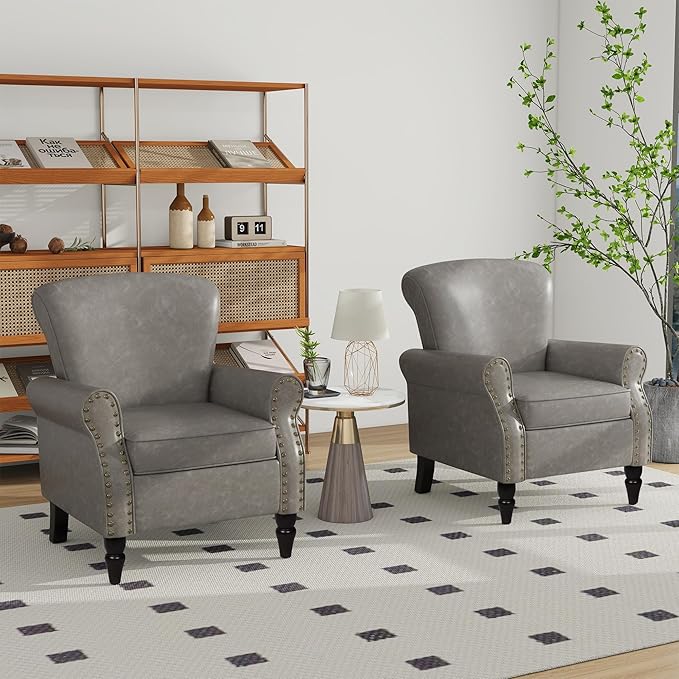 Accent Chair Mid Century Modern Faux Leather Arm Chair with Wood Leg for Living Room Bedroom Comfy PU Leather Club Reading Chairs with Wingback &amp Nailhead Trim (Leather Grey Set of 2)