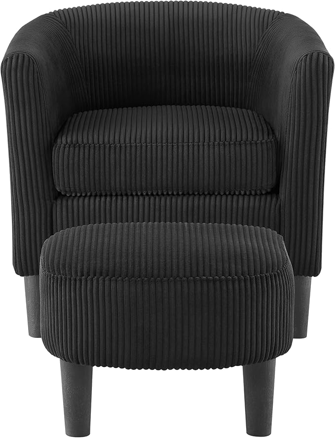 Modern Accent ChairUpholstered Arm Chair Linen Corduroy Single Sofa Chair with Ottoman Foot Rest Comfy Armchair for Living Room Bedroom and OfficeBlack