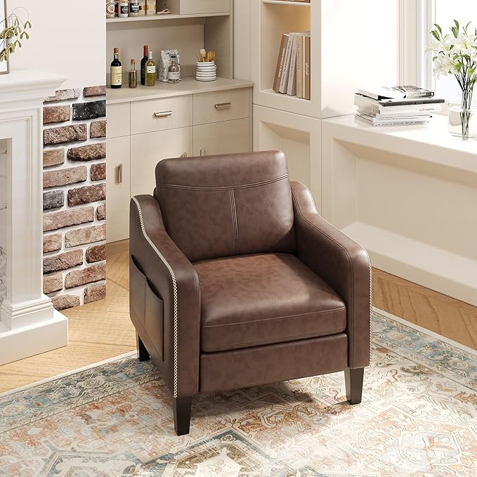 PU Leather Accent Chair Mid-Century Modern Living Room Armchair Sofa with Removable Cushions Solid Wood Frame &amp Stitched Armrest Design Bedroom Chair with Plastic Legs Chocolate Brown