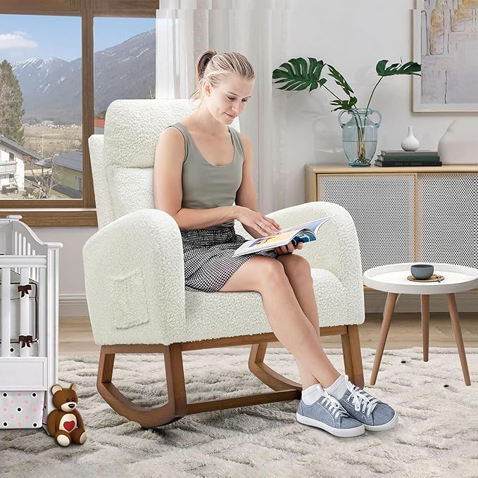 Nursery Rocking Glider Chair Modern Fabric Tall Back Accent Rocker Chair Upholstered Arm Chair w/Side Pockets Modern Leisure Single Sofa for Living Room Hotel Bedroom Office Cream