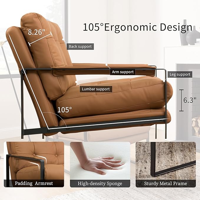Art Leon Genuine Leather Accent Chair Mid Century Modern Arm Chair with Black Metal Frame Single Sofa Chair for Living Room Bedroom Gray