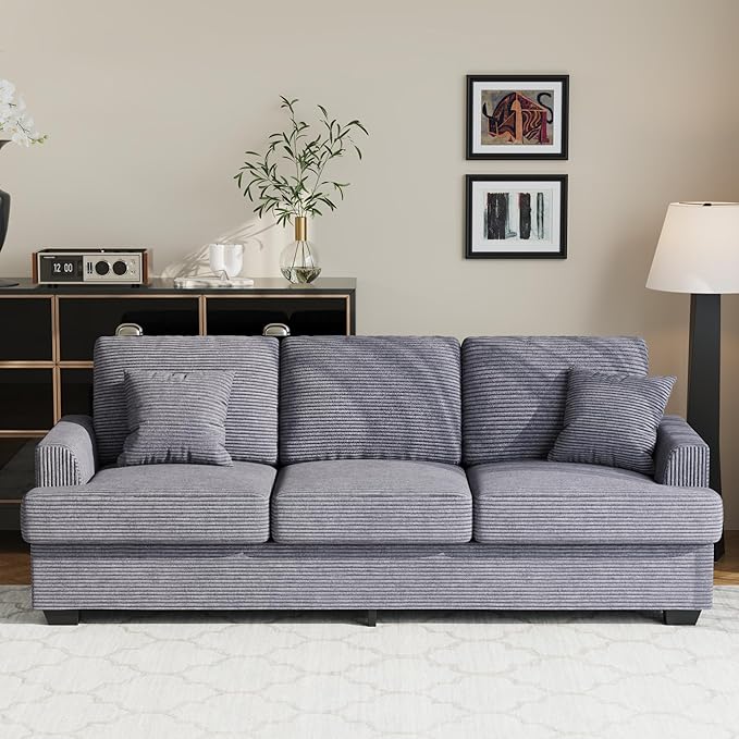 IDEALHOUSE Modern 86 Corduroy Sofa with 2 Throw Pillows Deep Seat Couch with Upholstered Cushion &amp Removable CoverComfy Corduroy Sofa Couch for Small Space Apartment Lounge Grey