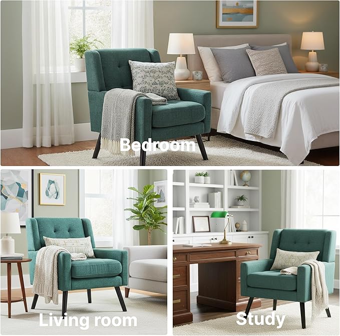 Mid-Century Modern Accent Chair Set of 2 Plush Linen Fabric with Button Tufted High Back &amp 5 Thick Cushion High Comfort Reading Chair for Living Room Bedroom Office (Green)