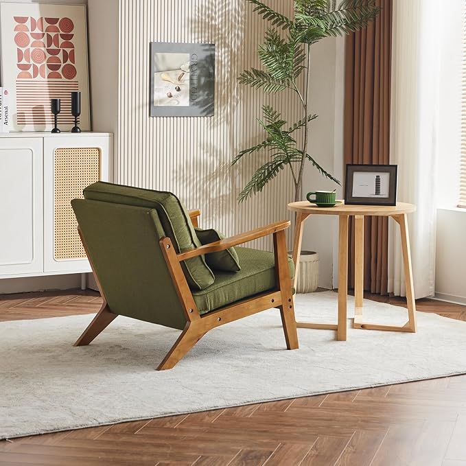 Karl home Accent Chair Wide Armrest Mid-Century Lounge Chair Linen Fabric Armchair with Lumbar Pillow &amp Solid Wood Frame for Living Room Bedroom Balcony Green