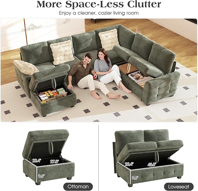 Ihanherry 106-inch Large L-Shaped Sectional Sofa Bed 7-Seater Convertible Pull Out Sleeper with Storage Ottoman 4 Pillows &amp USB Charging Ports Premium Chenille Fabric for Big Living Room（Gray）