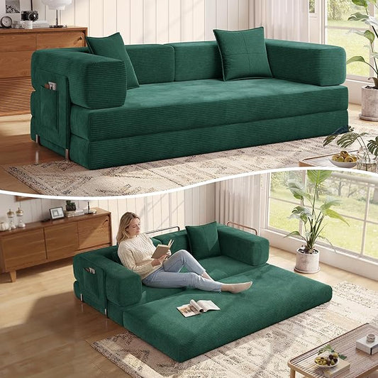 MoonSpeak 78.8''Sleeper Couch Bed for LivingroomConvertible Modular Sofa with Armrest PillowModular Foldable Corduroy Couches in a BoxNo Assembly (Emerald Green)