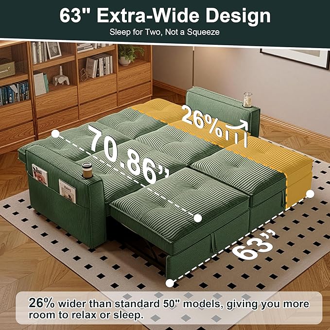 Sleeper Sofa Bed Queen Size Sofa Bed Convertible Pull Out Couch with Adjustable Backrest USB Port and Side Pockets Modern 2 Seater Small Couches for Living Room Space-Saving