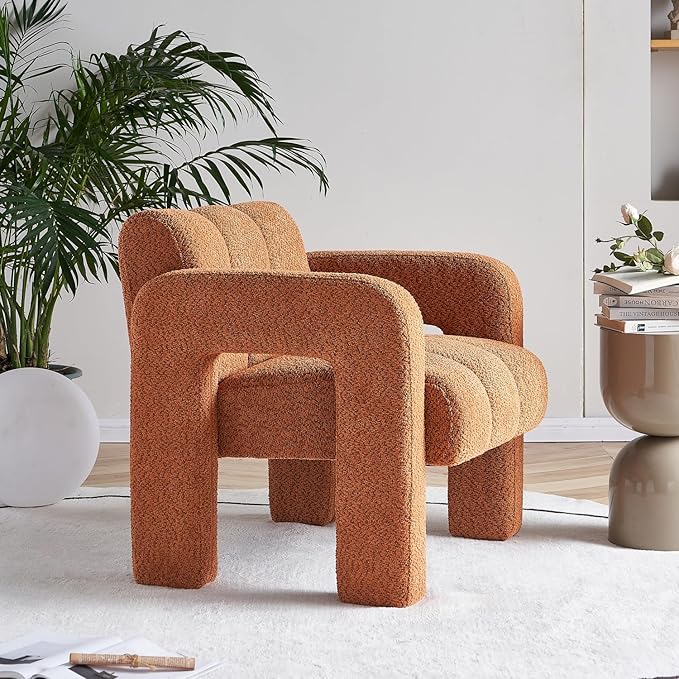 Accent Chair Living Room Chair Modern Comfy Reading Chair for Bedroom Upholstered Boucle Fabric Side Chair Armchair for Living Room Office (Orange)