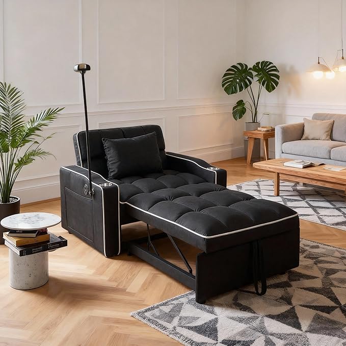 Convertible Sleeper Chair Pull Out Chair Sleeper with Bracket and Cup Holder 3 in 1 Sofa Bed Chairs for Adults Chairs Bed Sleepers for Small Spaces Living Room Black
