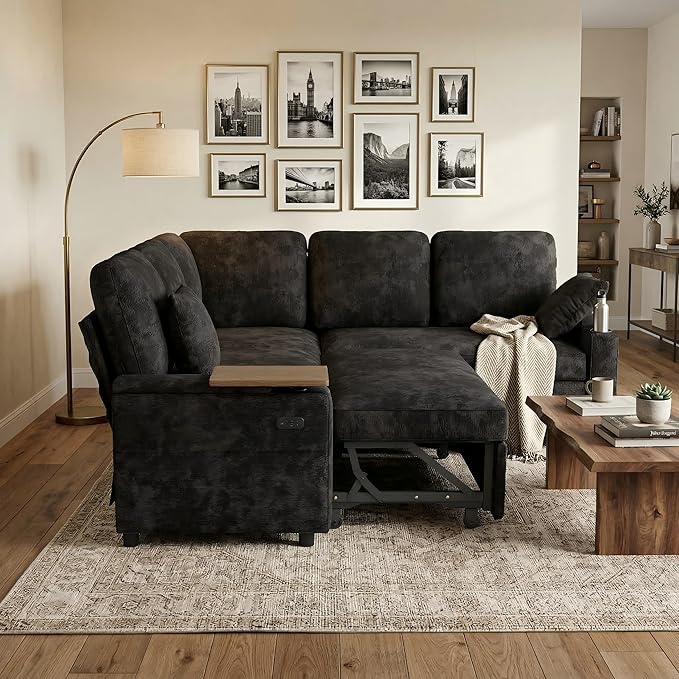 81 Modular Sectional Sofa L Shaped 5-Seater Sleeper Sofa with Pull Out Bed Hidden Storage Cup Holders &amp USB Charging Ports Sectional Couches for Living Room Chenille Black