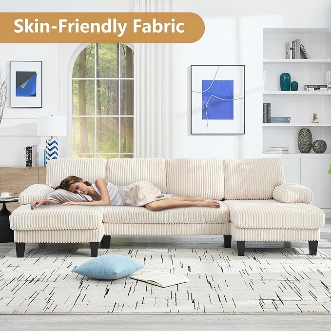 114.2” W Corduroy Sectional Sofa for Living Room U-Shaped Couch with Double Chaises and Comfortable Backrest Modern 4-Seater Deep Cloud Sofa for Small Spaces(Beige)