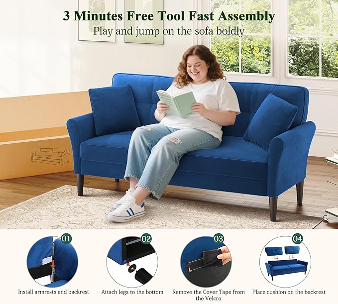 Loveseat Sofa 69 Love Seat Couches Comfy Velvet Small Sofa Couch for Bedroom with 2 Pillows Tool-Free Setup Sofas &amp Couches 700lb Load Sofas for Living Room Mini Couch for Bedroom Blue Couc