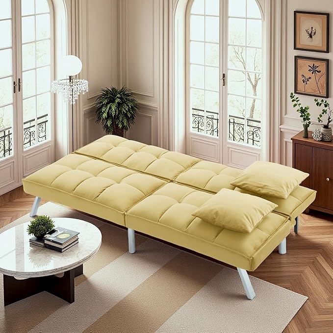 68 Modern Sofa Bed FutonConvertible Sleeper Bed Couch with 4 Reclining BackrestComfy Velvet Cloud Sofa Loveseat for Living Room Bedroom Office (Yellow)