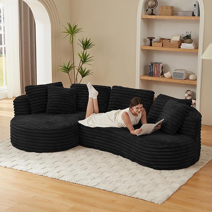 121 Oversized Curved Couch Boneless Couches Sofa with Chaise Deep Seat L-Shape Sectional Sofa for Living Room No Assembly Required (Black Left Facing Chaise)