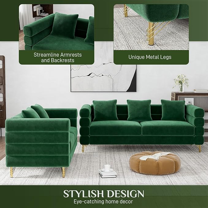 Living Room Sofa and Loveseat Set Modern Comfy Overstuffed Velvet Deep Seat Cloud Couch with 5 Pillows Oversized Chesterfield Furniture Sets for Living Room Bedroom Emerald Green Velvet