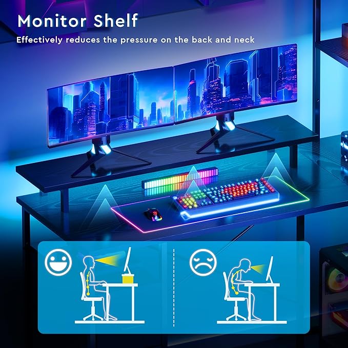 L Shaped Gaming Desk with ShelvesReversible Computer Gaming Desk with LED Lights and Charging StationHome Office Corner Desk with Monitor StandBlack