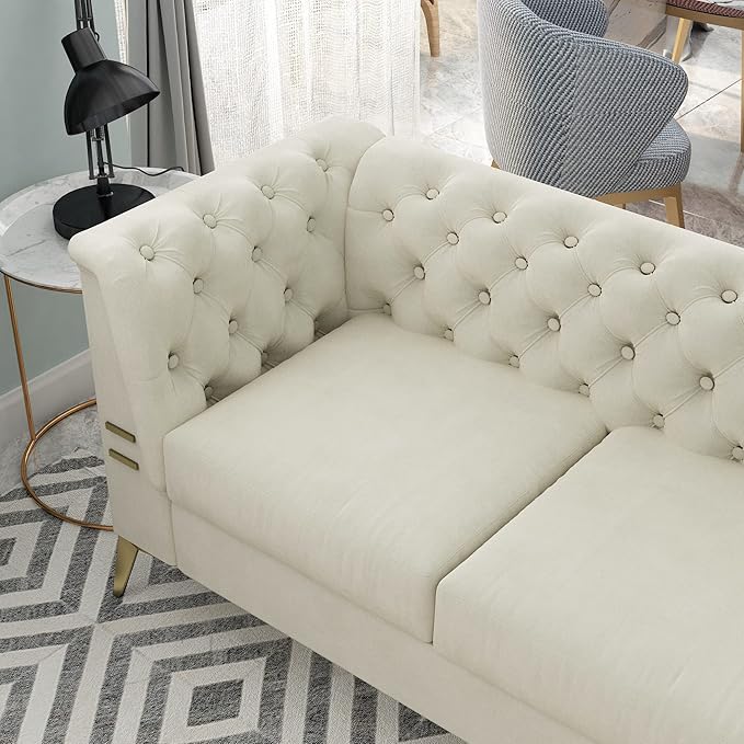 Tomkate 83 Beige Velvet Chesterfield Sofa Mid-Century Modern Tufted 3-Seater Couch with Flared Arms Removable Cushions &amp Gold Metal Legs for Living Room (Beige)