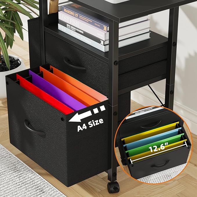 GYIIYUO 2 Drawer File Cabinet with 24'' Extended Desktop Mobile Filing Cabinet Rolling File Cabinet with Side Bag Fabric Drawer Fits A4/Letter Size Printer Stand Home Office Black