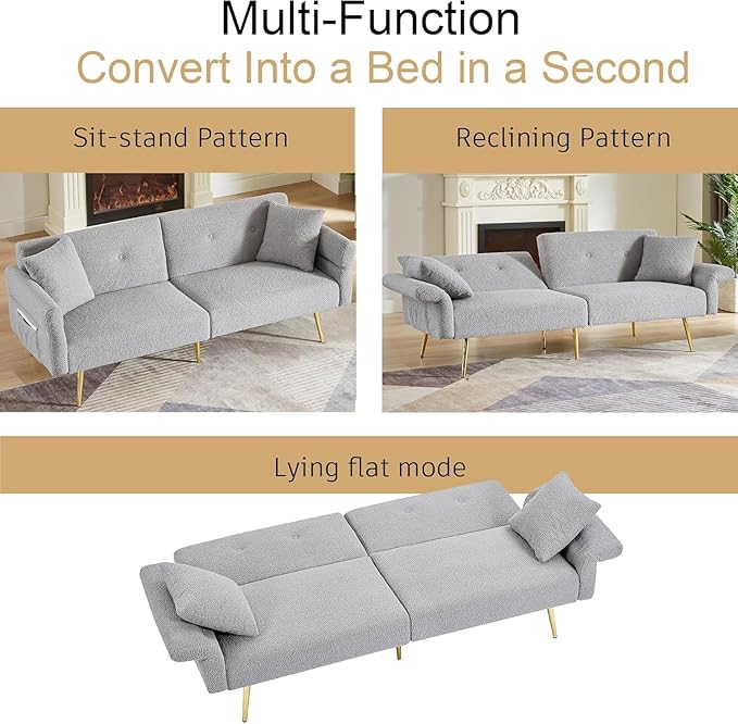 69.5'' Grey Futon Loveseat Sofa Bed Teddy Upholstered Folding Couch with Adjustable Backrest and Armrests Sleeper Sofa with Side Pocket and Gold Metal Legs for Small Space Living Room (Grey)