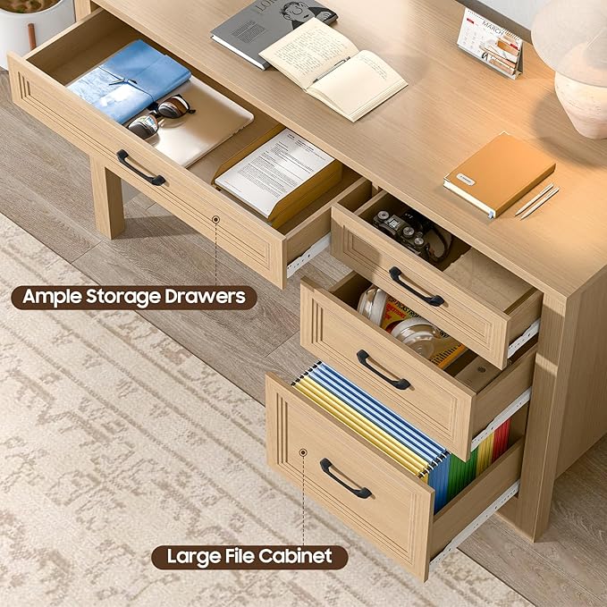 Vabches Farmhouse Executive Desk with Storage and Ample File Drawer Rustic Large Home Writing Desk for Bedroom Natural