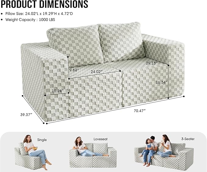 Modular Sectional Sofa 2 Seater Loveseat Modular Couch with Deep Seat Memory Foam Cloud Sofa Chair with Pillows Oversized Sectional Sofa for Living Room Bedroom (Plush GREYOLIVE Loveseat)