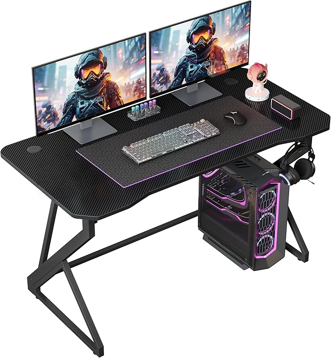 Grandder Gaming Desk Z Shaped 40 Inch Gamer Workstation Home Computer Carbon Fiber Surface Gaming Desk PC Table with Headphone Hook Carbon Fiber Black