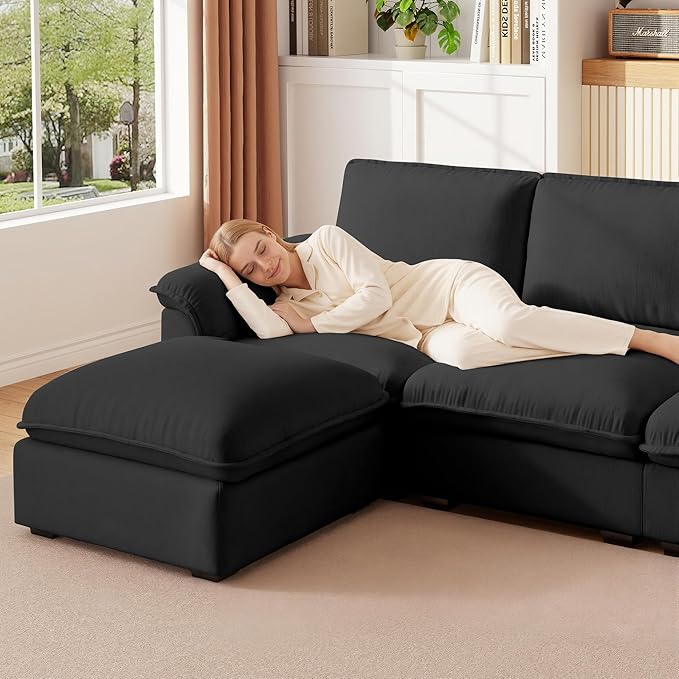 KEIKI 102 3Seat Modular Sectional Velvet Sofa Couch with Chaise Memory Foam for Urban Loft Small Space Style Conscious Urban Professionals Warm Inviting Comfy Supportive Premium Design Black