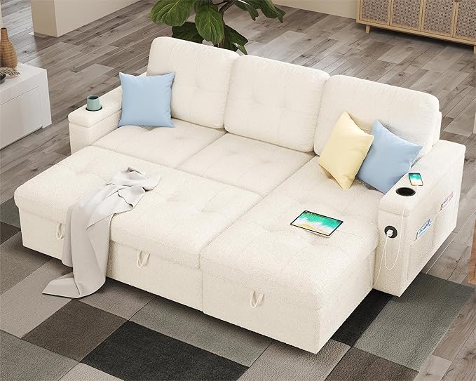 PaPaJet 84 Inch Pull Out Couch Sleeper Sofa with Storage Chaise Tufted L Shape Convertible Couch with 2 USB &amp Cup Holders Boucle White