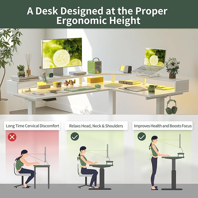 FEZIBO 63 L Shaped Standing Desk with Arc LED &amp Power Outlet Exclusive Uprated Triple Motors Support 330LBS Electric Height Adjustable L Shaped Desk with Large Monitor Stand for Home Office W