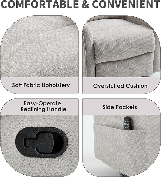 Swivel Rocker Recliner Chair 360° Swivel Recliner with Heat and Massage Rocker Recliner Nursery Glider Chair with Side Pockets for Living Room (Light Grey Fabric)
