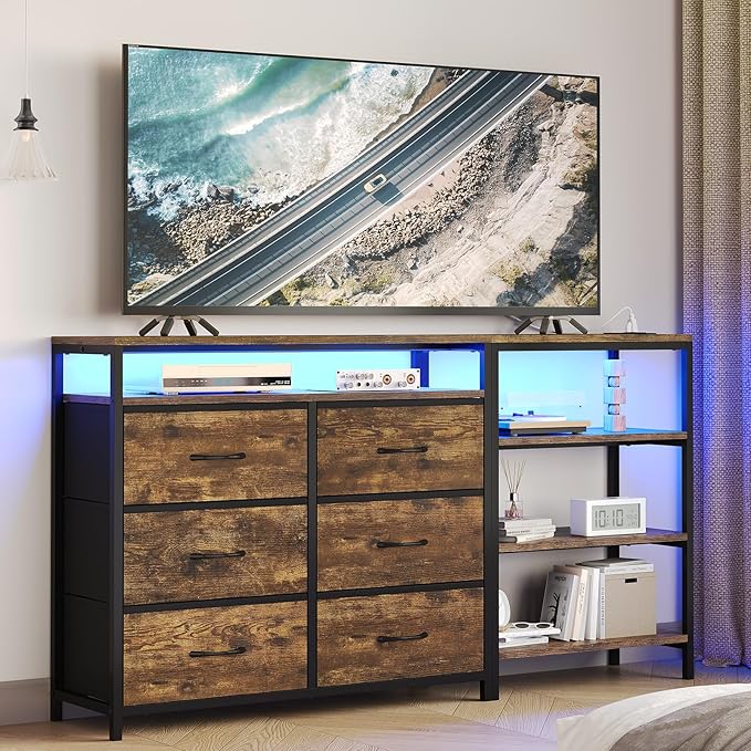 BTHFST TV Stand for Bedroom with Charging Station and LED Lights Entertainment Center for 60 Inch TV with 6 Fabric Drawers TV Console with Open Shelf for Living Room Rustic Brown