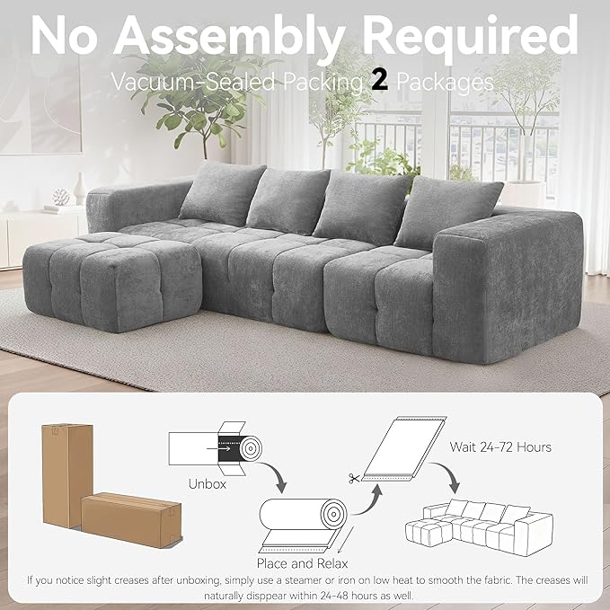 119 Oversized Cloud Boneless Couches for Living Room Modern Tufted Modular Sectional Sofa with Deep Seat &amp Movable Ottoman L Shaped Memory Foam Chenille Couch No Assembly Required Light Grey