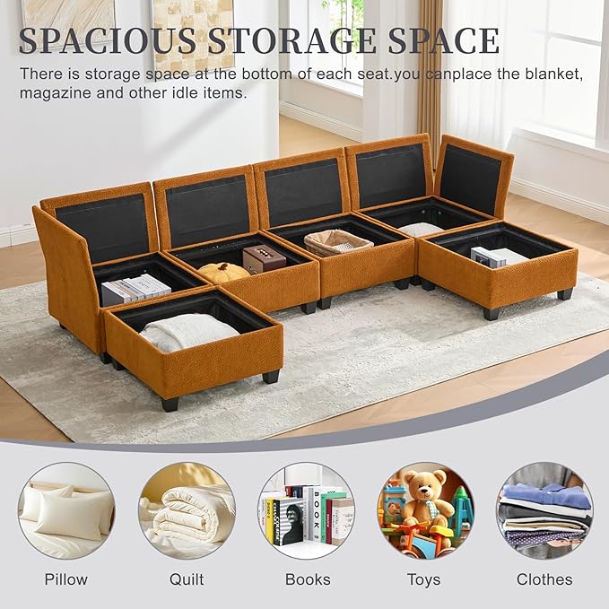 113 Modular Sectional Sofa Couch with Storage U Shaped 4 Seat Couches with Movable Ottoman Freely Combinable Deep Seat Sofa Upholstered Sectional Couches for Living Room Orange