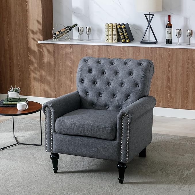 Upholstered Accent ChairsMid Century Armchair Sofa ChairsComfy Living Room ChairButton Tufted Reading Chair for Living Room BedroomStudy (2 Dark Grey)