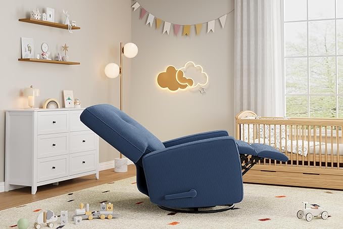 Recliner Chair 360° Swivel Rocking Glider Chair for Adults with Adjustable Backrest &amp Footrest Cozy Corduroy Upholstered Armchair for Living Rooms Bedrooms Blue