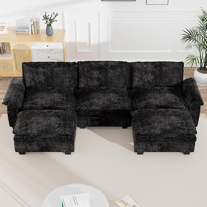 mestyl Modular Sectional Sofa Comfy Cloud Couch U Shaped 3 Deep Seat Sofa Couch with 2 Ottoman 120 Soft Modern Couches Set for Living Room Chenille Black MT001