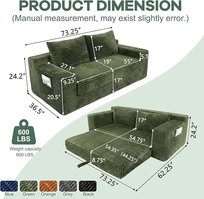 73 Convertible Sofa Bed 2 in 1 Folding Couch Bed Boneless Couch in a Box Cloud Loveseat Sleeper Fold Out Comfy Floor Futon Sofa with 2 Pillows for Living Room Bedroom No Assembly (Green 73)