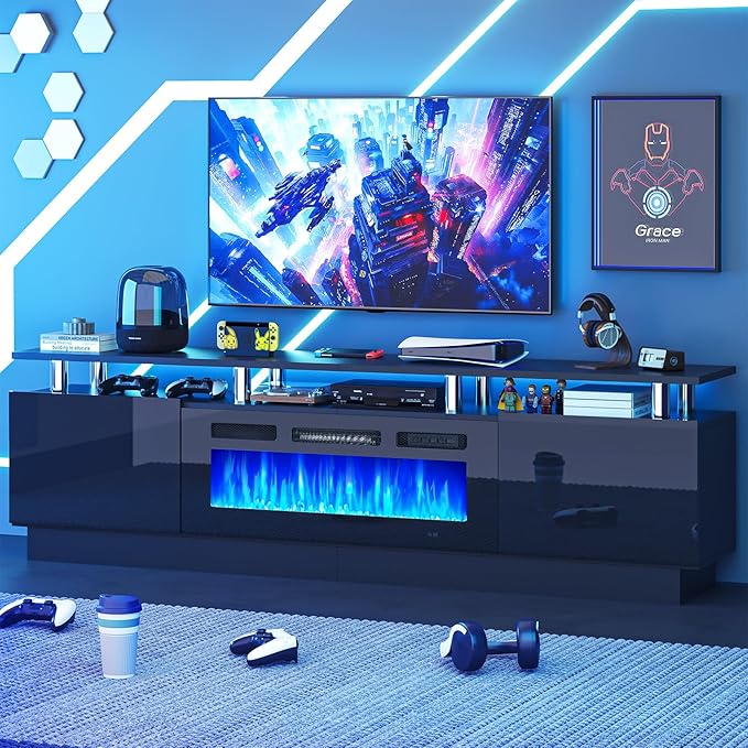 MXV 70 Fireplace TV Stand Modern Entertainment Center &amp 36 Inch Electric Fireplace with Remote Control LED Light Fire Place Tv Stand for Living Room for TVs up to 80 Black + Black
