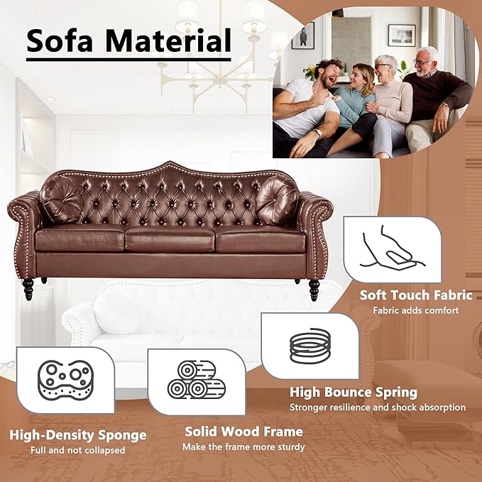 AVZEAR 82 Three Seater Sofa Chesterfield Sofa Mid-Century Modern PU Upholstered Sofa Deep Button Tufted Living Room Sofa with Two Throw Pillows Brown