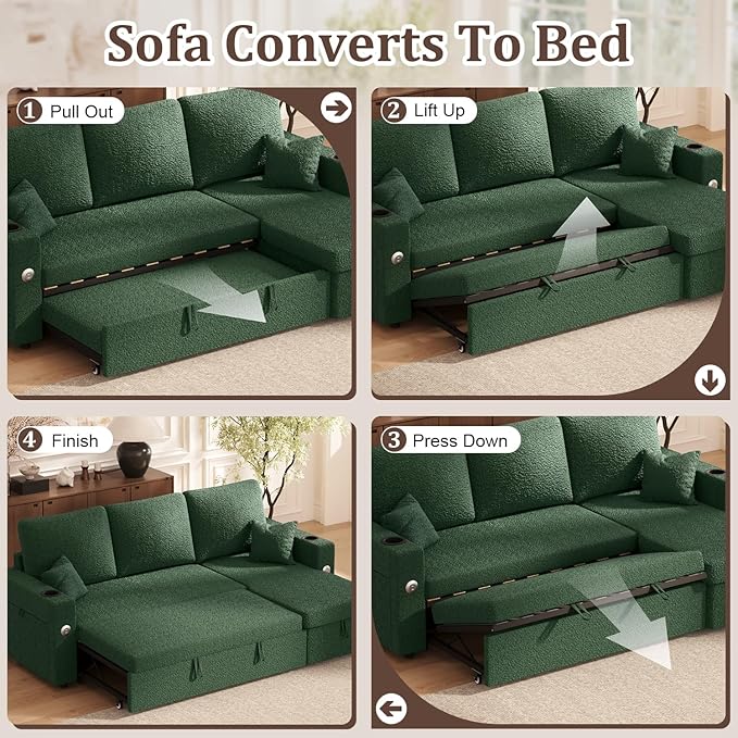 Sleeper Sofa Bed 4-in-1 Pull Out Couch with Reversible Chaise | Dual USB &amp Type-C Charging | Dual Cup Holders | Layered Storage (Armrest + Chaise) for Living Room (Classic Green)