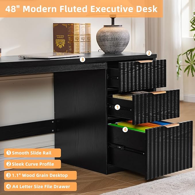 LEYAOYAO Office Desk 48 with 3 Drawers Storage File Cabinet Wood Fluted Desk for Computer Office Bedroom Home Furniture Black