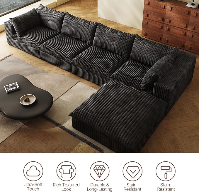 118-inch Boneless Cloud Sofa Modular Corduroy Sectional Couch with Full Foam Compression for Living Room Bedroom Apartment No Assembly Required (Black 3 Seater)